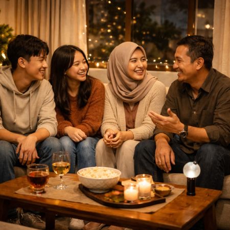 Keluarga berbincang hangat di sofa ruang tamu pada suasana malam yang sederhana