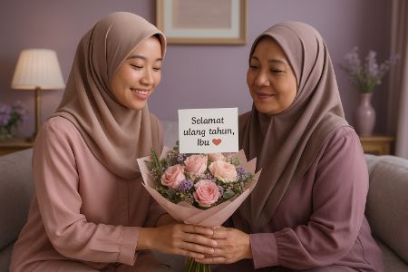 memberikan buket bunga dengan kartu ucapan “Selamat ulang tahun, Ibu ❤️” kepada ibunya di ruang tamu