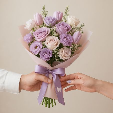 Seorang pria memberikan buket bunga pastel ungu yang elegan kepada wanita dengan bernuansa ungu