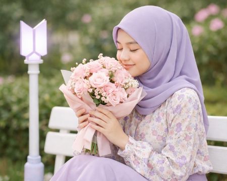 seorang wanita sedang menghirup aroma bunga di bangku taman