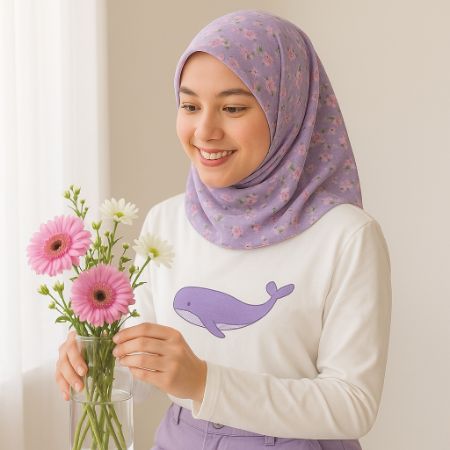Wanita sedang tersenyum sambil menata bunga segar di vas, dengan cahaya lembut dari jendela