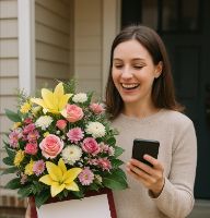 Wanita tersenyum menerima karangan bunga besar di depan rumah sambil memegang ponsel, simbol perpaduan emosi dan era digital.