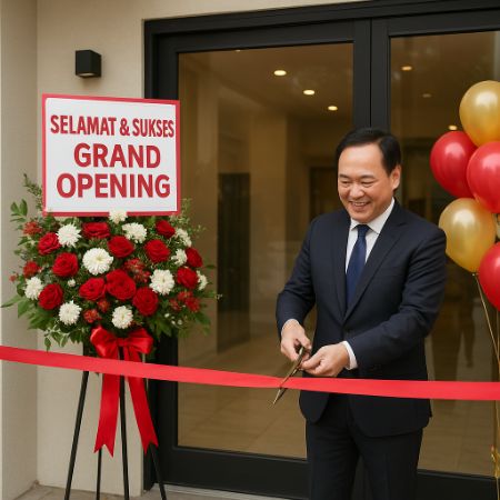 Pemilik bisnis memotong pita merah saat grand opening dengan karangan bunga besar di samping pintu masuk.