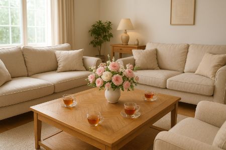Ruang tamu hangat dengan sofa krem, vas bunga pink-putih, dan empat cangkir teh di atas meja.