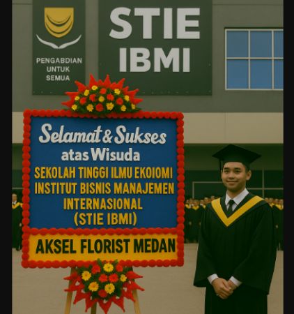 Suasana wisuda di depan gedung STIE IBMI Medan dengan papan bunga ucapan selamat dan sukses dari Aksel Florist Medan, dikelilingi mahasiswa berbusana toga, serta seorang wisudawan pria berdiri di samping papan
