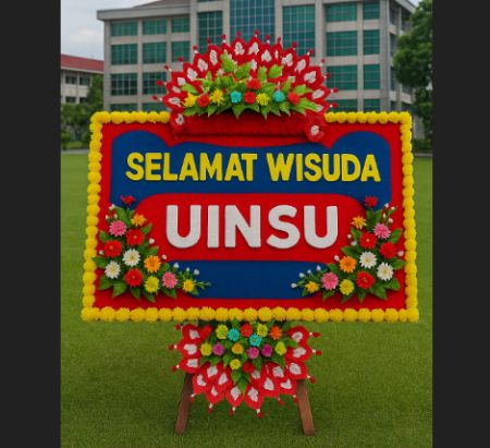 Papan bunga ucapan "Selamat Wisuda UINSU" dengan desain warna merah, biru, dan kuning cerah, dihiasi bunga segar, berdiri di depan gedung kampus Universitas Islam Negeri Sumatera Utara.