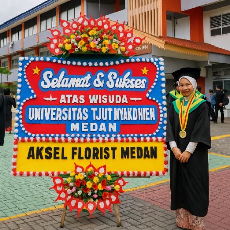 Papan bunga ucapan wisuda Universitas Tjut Nyak Dhien Medan dengan mahasiswi memakai toga di depannya