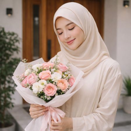 seorang wanita menerima bunga segar