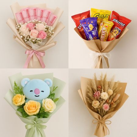 Kolase empat jenis buket viral, terdiri dari buket uang, buket snack, buket boneka, dan buket bunga kering.