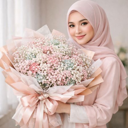 Wanita berhijab memegang buket baby breath mewah pastel pink putih.