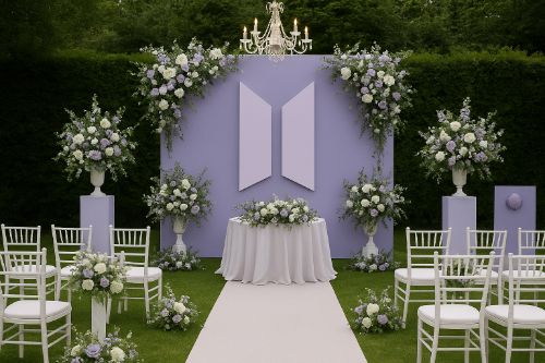 dekorasi pernikahan dengan karangan bunga outdoor tema pastel purple