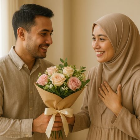seorang suami memberikan buket bunga untuk istrinya