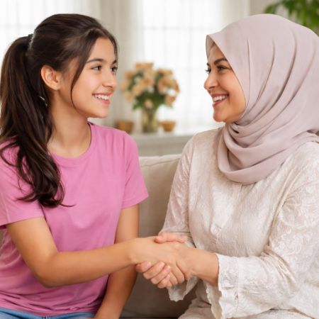 Gadis remaja bersalaman hangat dengan bibinya