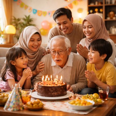 Kakek meniup lilin ulang tahun bersama keluarga di ruang tamu hangat.