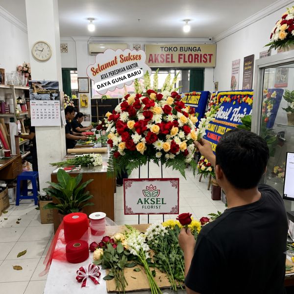 Standing flower pembukaan kantor di Medan dari Aksel Florist.