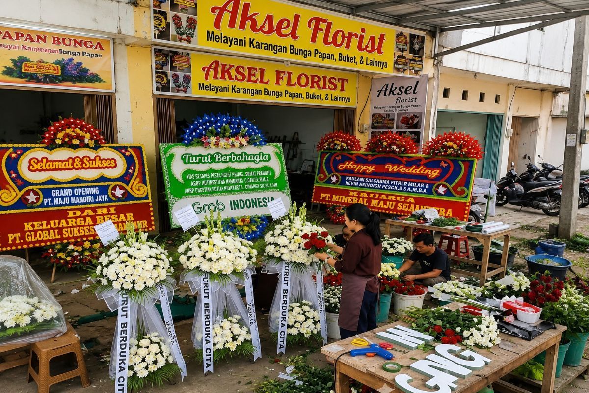 Workshop Aksel Florist Medan melayani papan bunga, standing flower, bouquet, bunga meja, dan berbagai rangkaian bunga lainnya.