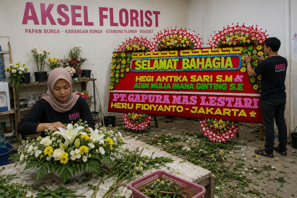 Proses pembuatan papan bunga ucapan selamat oleh tim Aksel Florist di workshop Medan dengan pengerjaan yang rapi dan teliti.
